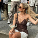 Women's Sexy V Neck Backless CAMIS Sequin Embroidery Glitter Lace Patchwork Woven Eco - Friendly 100% Polyester Street Style - Zeprah