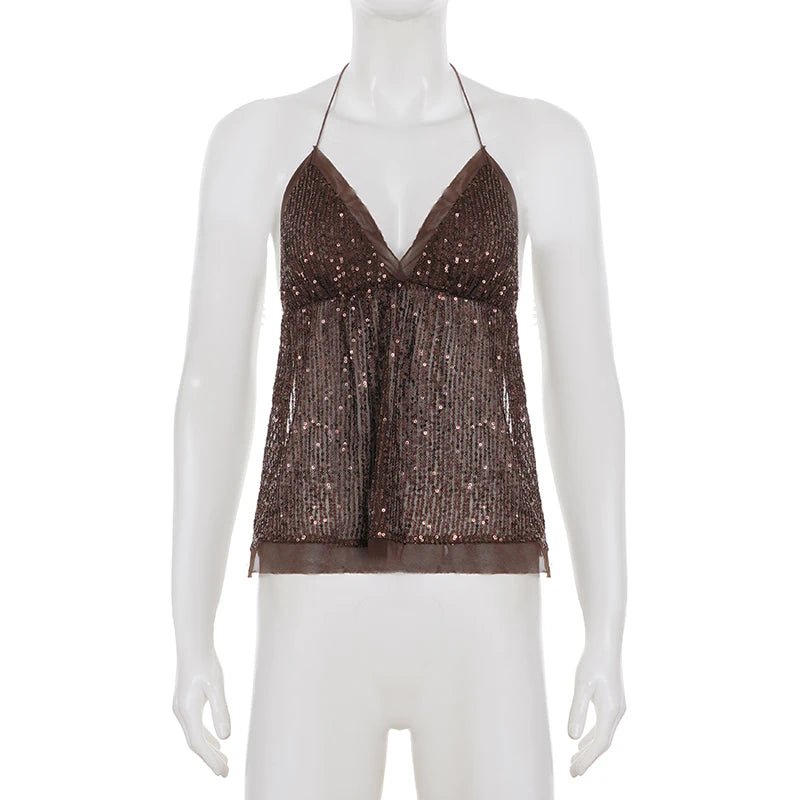 Women's Sexy V Neck Backless CAMIS Sequin Embroidery Glitter Lace Patchwork Woven Eco - Friendly 100% Polyester Street Style - Zeprah