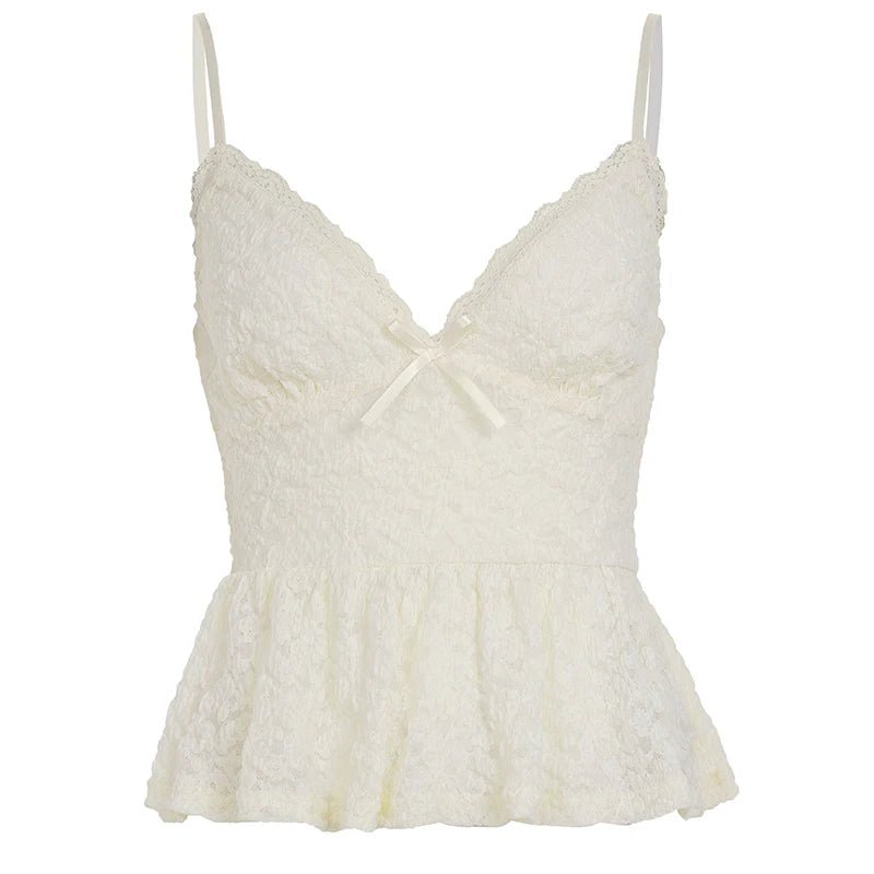 Womens Short Elegant Lace Cami Tank Top Solid Color V Neck Bow Tie Front Slim Fit Waist Defining Sleeveless Casual - Zeprah