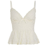 Womens Short Elegant Lace Cami Tank Top Solid Color V Neck Bow Tie Front Slim Fit Waist Defining Sleeveless Casual - Zeprah