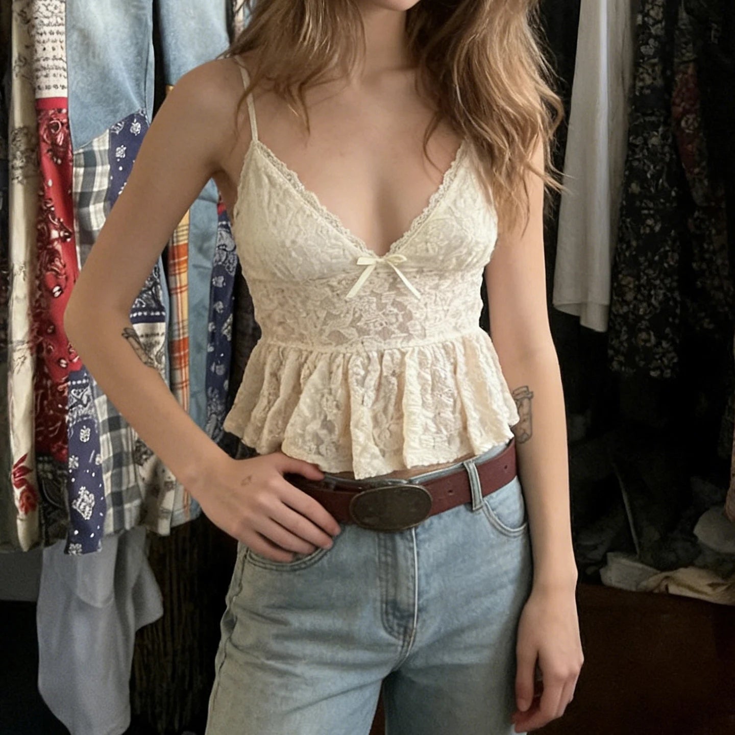 Womens Short Elegant Lace Cami Tank Top Solid Color V Neck Bow Tie Front Slim Fit Waist Defining Sleeveless Casual - Zeprah