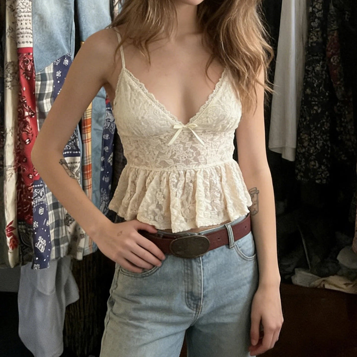 Womens Short Elegant Lace Cami Tank Top Solid Color V Neck Bow Tie Front Slim Fit Waist Defining Sleeveless Casual - Zeprah