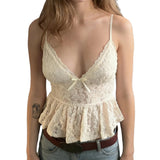 Womens Short Elegant Lace Cami Tank Top Solid Color V Neck Bow Tie Front Slim Fit Waist Defining Sleeveless Casual - Zeprah