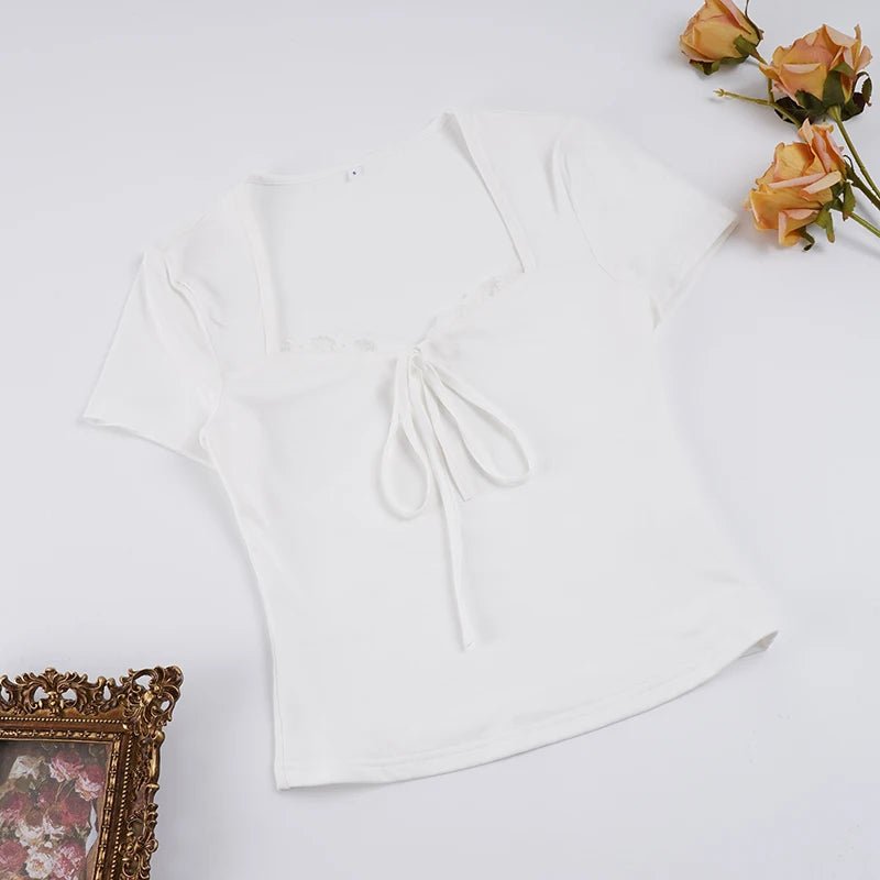 Women's Short Sleeve T-Shirt with Square Neck Lace Bow Simple Patchwork Breathable Cute Knit Fitted Casual Sporty Blouse - Zeprah