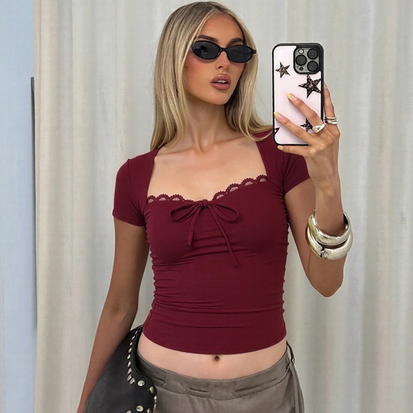 Women's Short Sleeve T-Shirt with Square Neck Lace Bow Simple Patchwork Breathable Cute Knit Fitted Casual Sporty Blouse - Zeprah