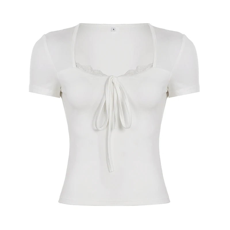 Women's Short Sleeve T-Shirt with Square Neck Lace Bow Simple Patchwork Breathable Cute Knit Fitted Casual Sporty Blouse - Zeprah