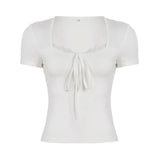 Women's Short Sleeve T-Shirt with Square Neck Lace Bow Simple Patchwork Breathable Cute Knit Fitted Casual Sporty Blouse - Zeprah