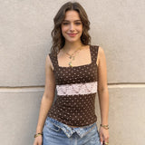 Womens Sleeveless Knitted Tank Top High Waisted Polka Dot Crop Color Block Lace Trim Back Tie Fitted Summer Casual Camisole - Zeprah