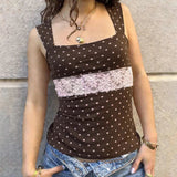 Womens Sleeveless Knitted Tank Top High Waisted Polka Dot Crop Color Block Lace Trim Back Tie Fitted Summer Casual Camisole - Zeprah
