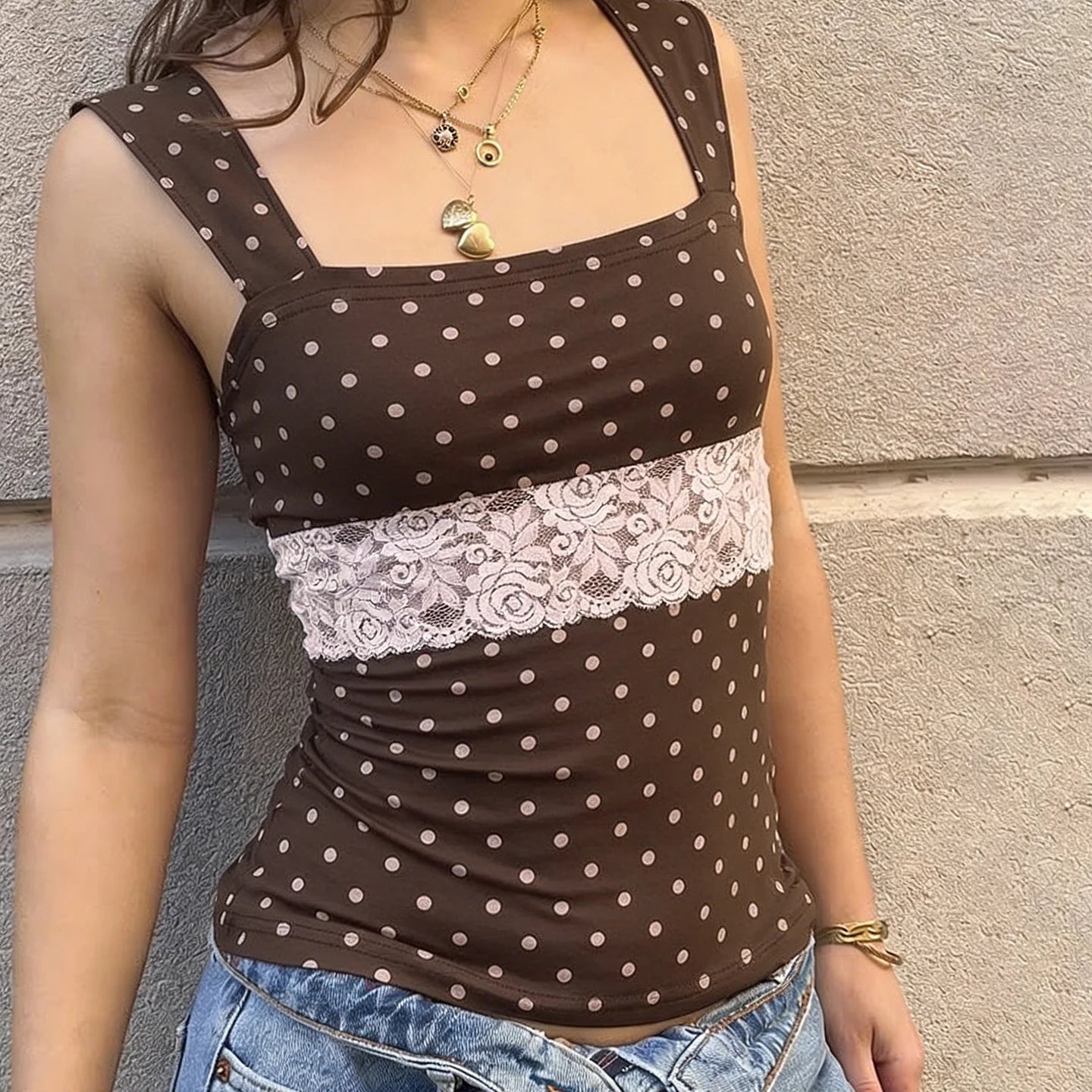 Womens Sleeveless Knitted Tank Top High Waisted Polka Dot Crop Color Block Lace Trim Back Tie Fitted Summer Casual Camisole - Zeprah