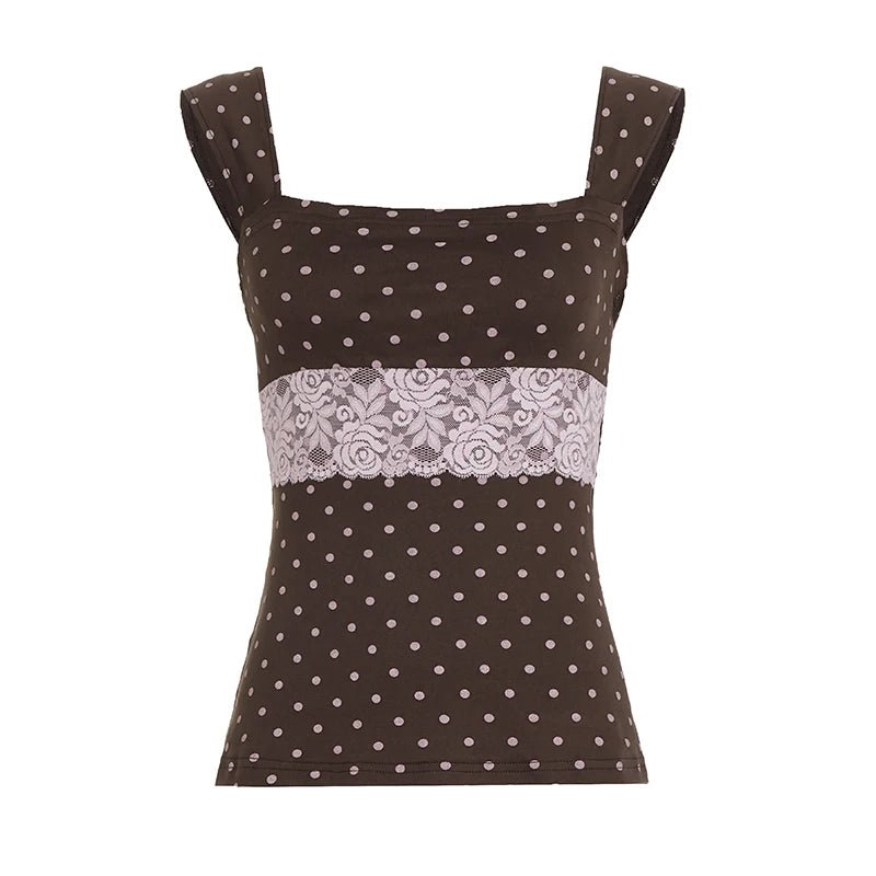 Womens Sleeveless Knitted Tank Top High Waisted Polka Dot Crop Color Block Lace Trim Back Tie Fitted Summer Casual Camisole - Zeprah