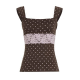 Womens Sleeveless Knitted Tank Top High Waisted Polka Dot Crop Color Block Lace Trim Back Tie Fitted Summer Casual Camisole - Zeprah