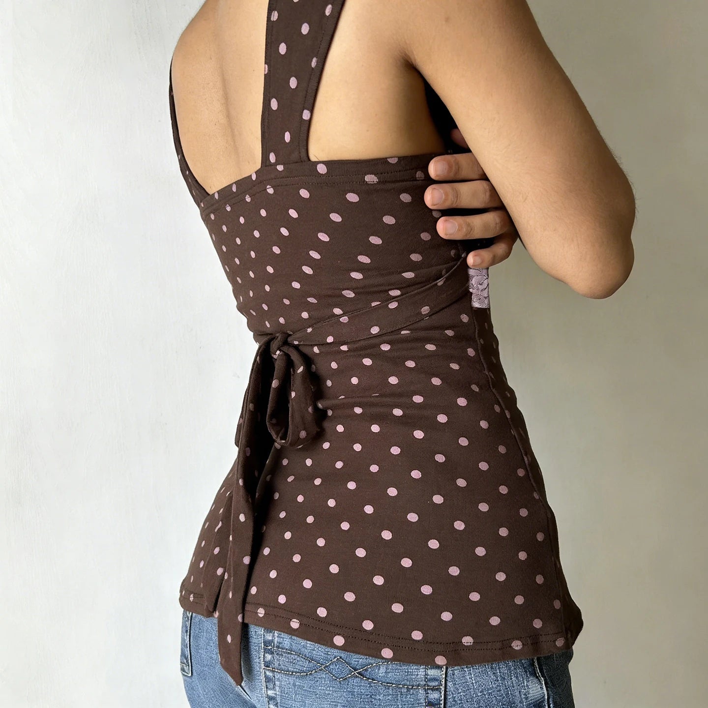 Womens Sleeveless Knitted Tank Top High Waisted Polka Dot Crop Color Block Lace Trim Back Tie Fitted Summer Casual Camisole - Zeprah