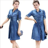 Women's Slim Fit Half Sleeve Pleated Shirt Dress Plus Size Denim Jean Dress - Zeprah