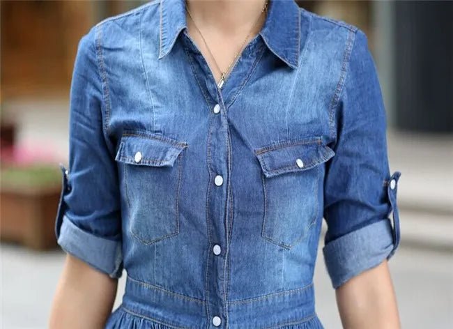 Women's Slim Fit Half Sleeve Pleated Shirt Dress Plus Size Denim Jean Dress - Zeprah