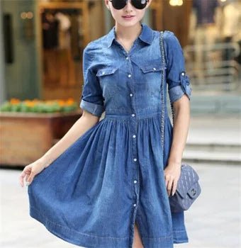 Women's Slim Fit Half Sleeve Pleated Shirt Dress Plus Size Denim Jean Dress - Zeprah