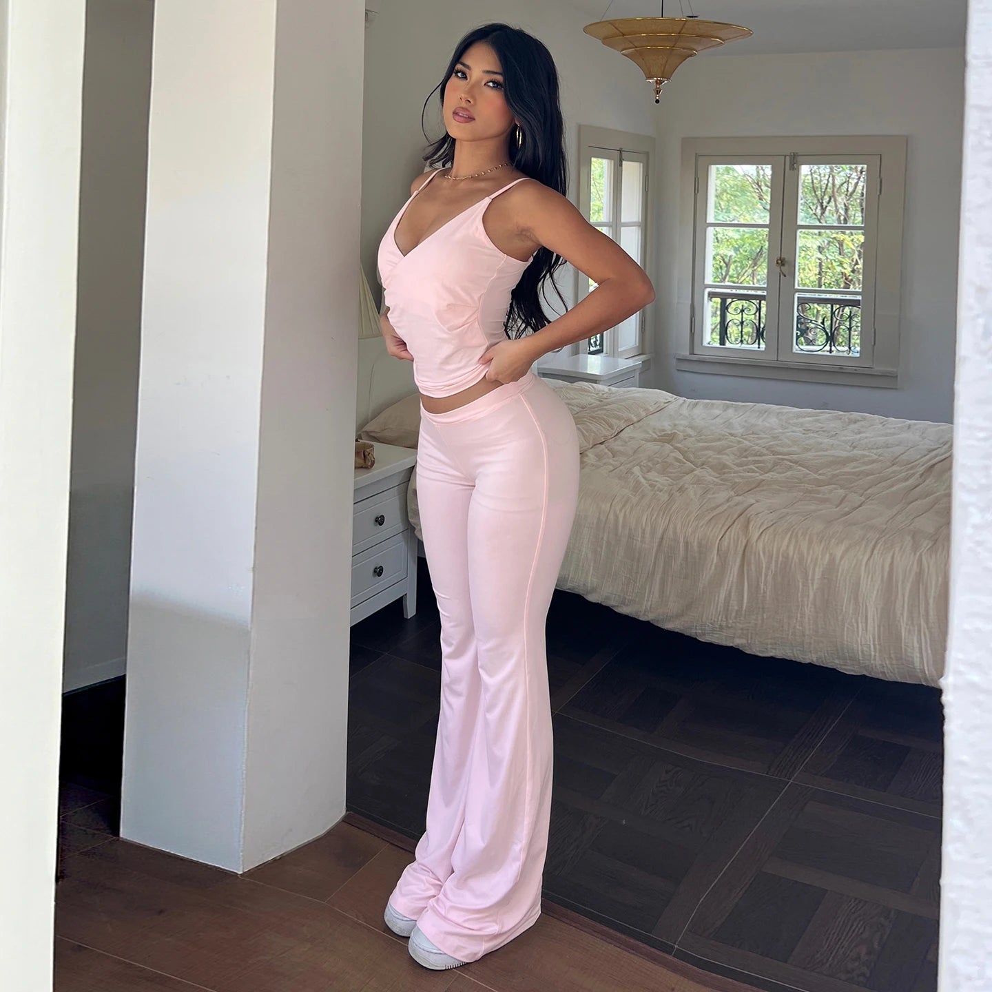 Women's Solid Color Casual 2 - Piece Loungewear Set V - Neck Camisole Flared Pants Knitting Breathable Eco - Friendly - Zeprah