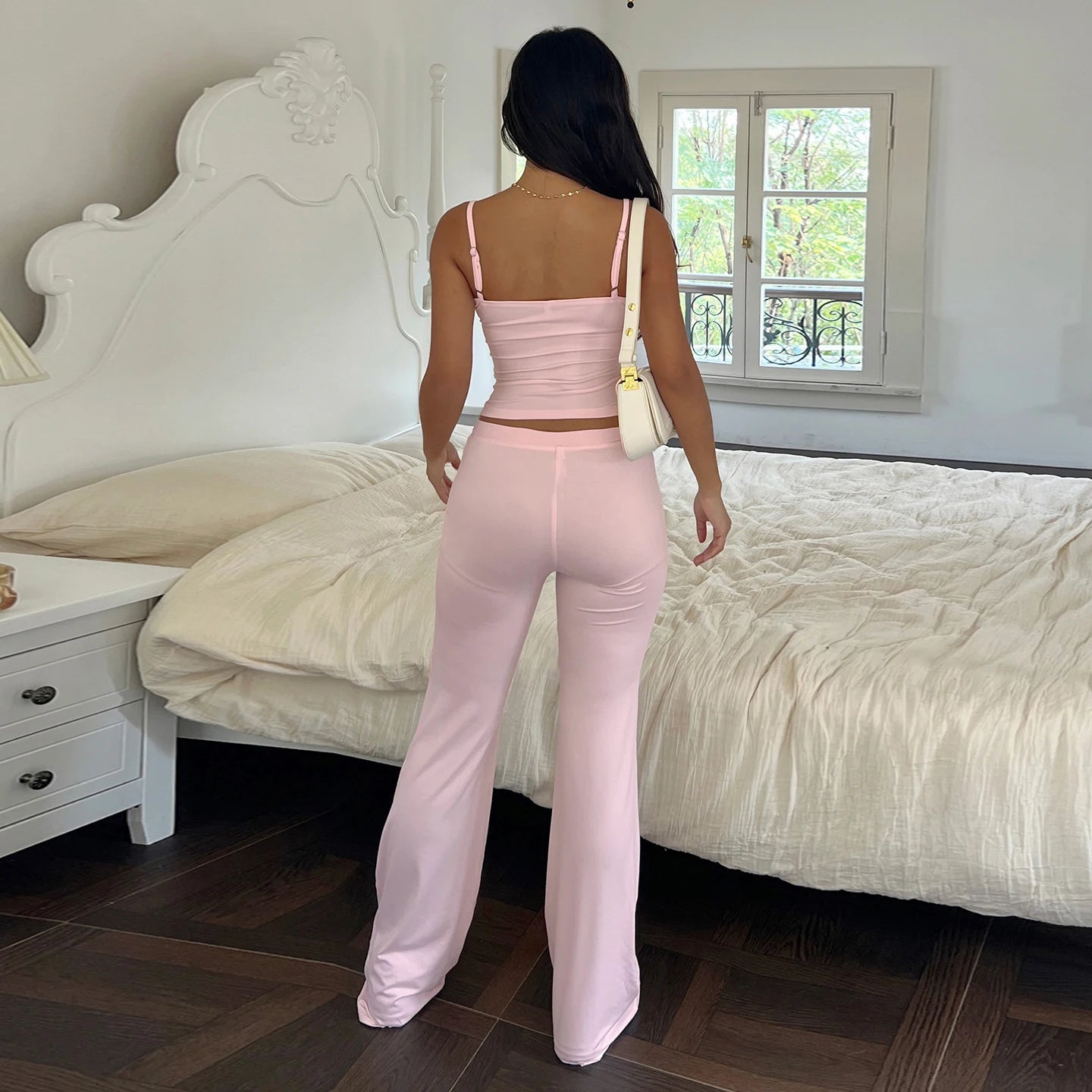 Women's Solid Color Casual 2 - Piece Loungewear Set V - Neck Camisole Flared Pants Knitting Breathable Eco - Friendly - Zeprah