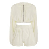 Women's Solid Color Knitting 100% Polyester Eco - Friendly Hooded Tracksuit Zipper Hoodie with Above Knee Shorts Casual Set - Zeprah