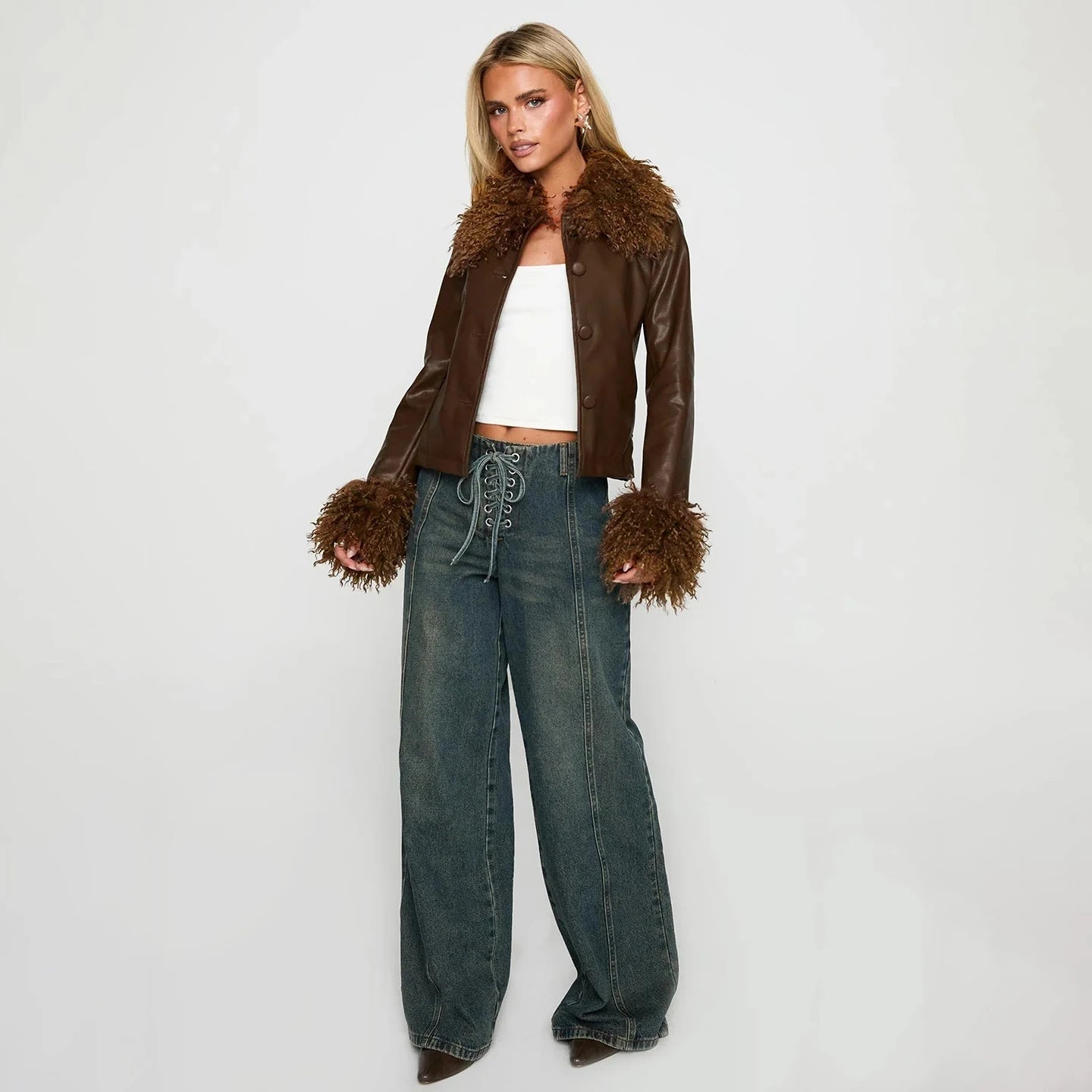 Women's Solid Color PU Leather Jacket Faux Fur Trim Customizable Single Breasted Autumn/Winter Eco - Friendly Windproof Plain Dyed - Zeprah