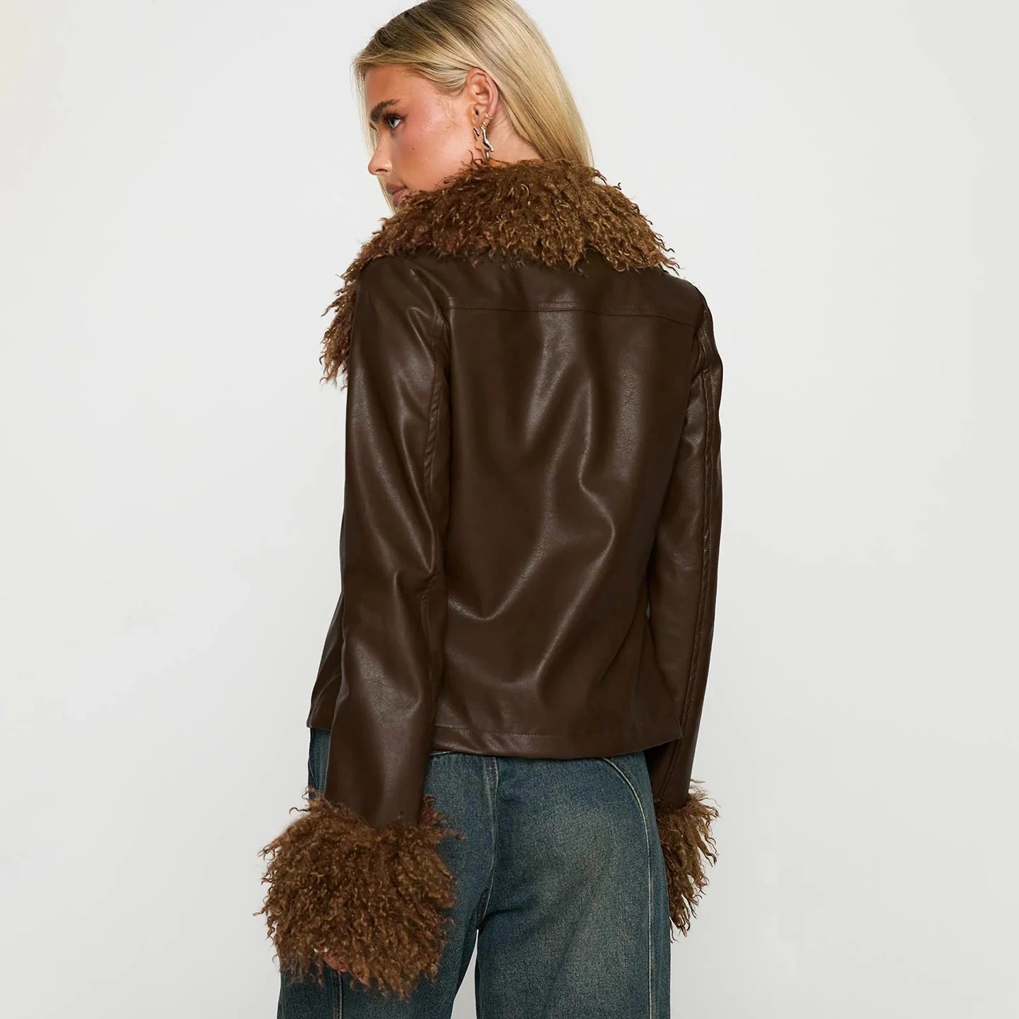 Women's Solid Color PU Leather Jacket Faux Fur Trim Customizable Single Breasted Autumn/Winter Eco - Friendly Windproof Plain Dyed - Zeprah