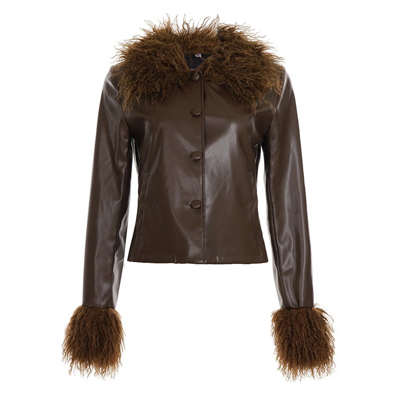Women's Solid Color PU Leather Jacket Faux Fur Trim Customizable Single Breasted Autumn/Winter Eco - Friendly Windproof Plain Dyed - Zeprah