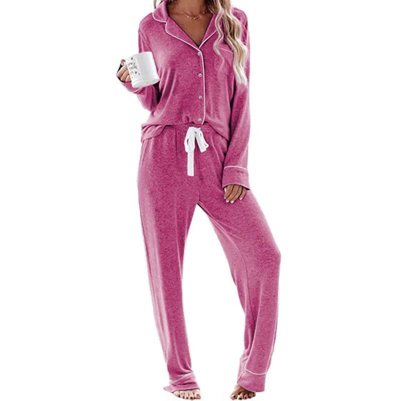 Women's Solid High - rise Breathable Casual Suit Home Clothes Pocket Buckle Long Sleeve Pants Women's Pajamas - Zeprah