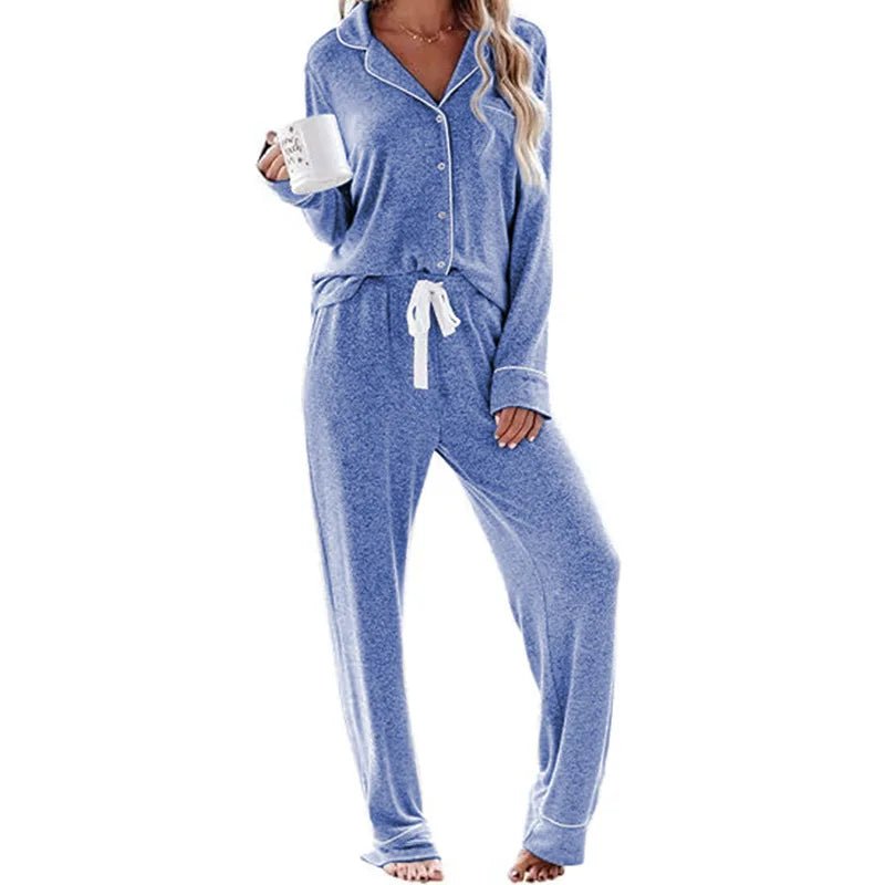Women's Solid High - rise Breathable Casual Suit Home Clothes Pocket Buckle Long Sleeve Pants Women's Pajamas - Zeprah