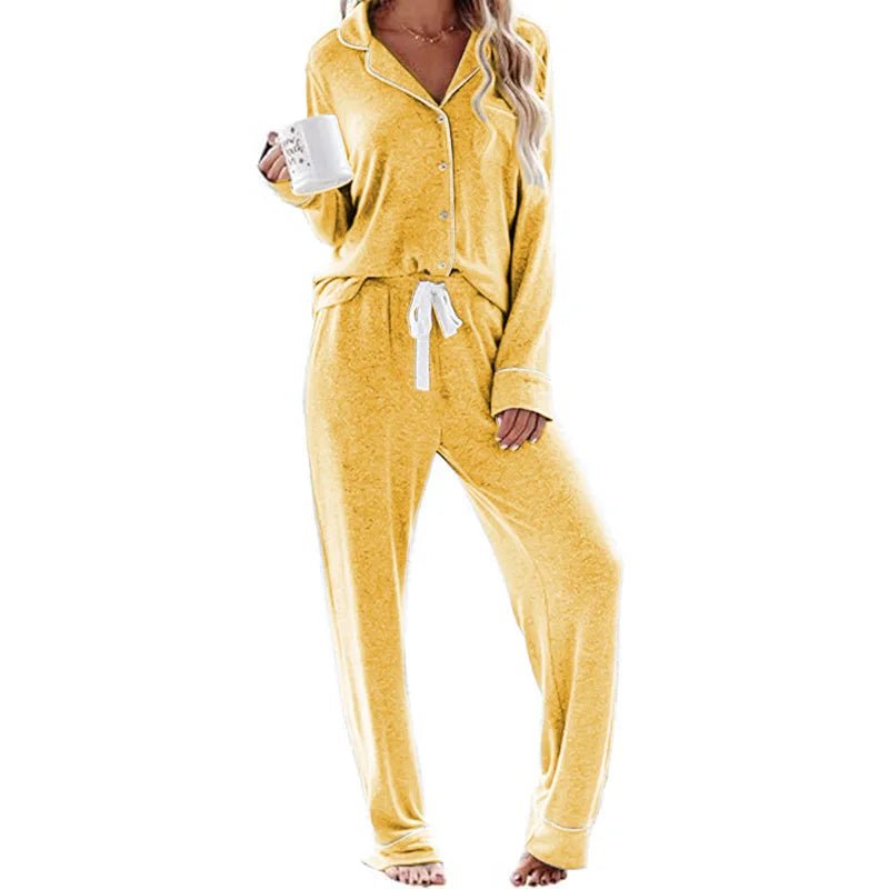 Women's Solid High - rise Breathable Casual Suit Home Clothes Pocket Buckle Long Sleeve Pants Women's Pajamas - Zeprah