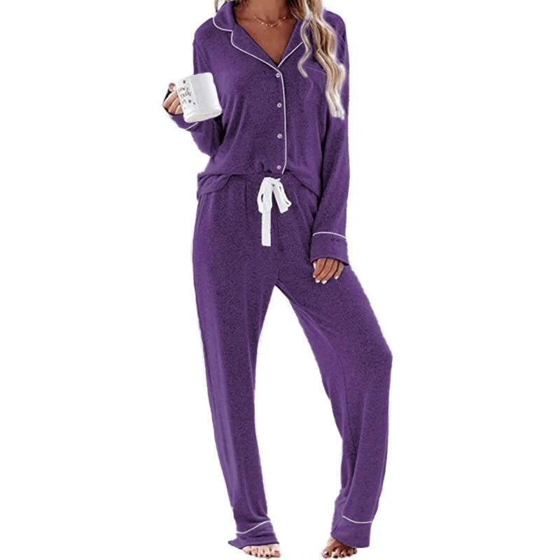 Women's Solid High - rise Breathable Casual Suit Home Clothes Pocket Buckle Long Sleeve Pants Women's Pajamas - Zeprah