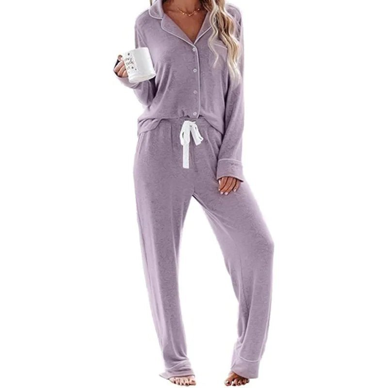 Women's Solid High - rise Breathable Casual Suit Home Clothes Pocket Buckle Long Sleeve Pants Women's Pajamas - Zeprah