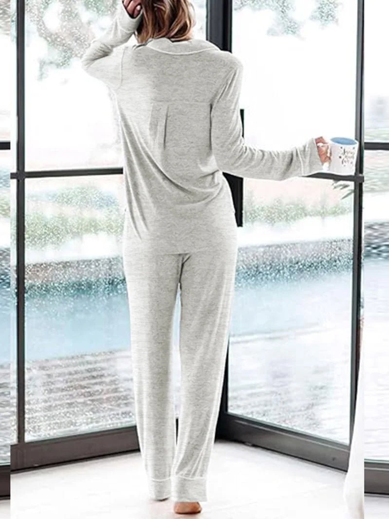 Women's Solid High - rise Breathable Casual Suit Home Clothes Pocket Buckle Long Sleeve Pants Women's Pajamas - Zeprah