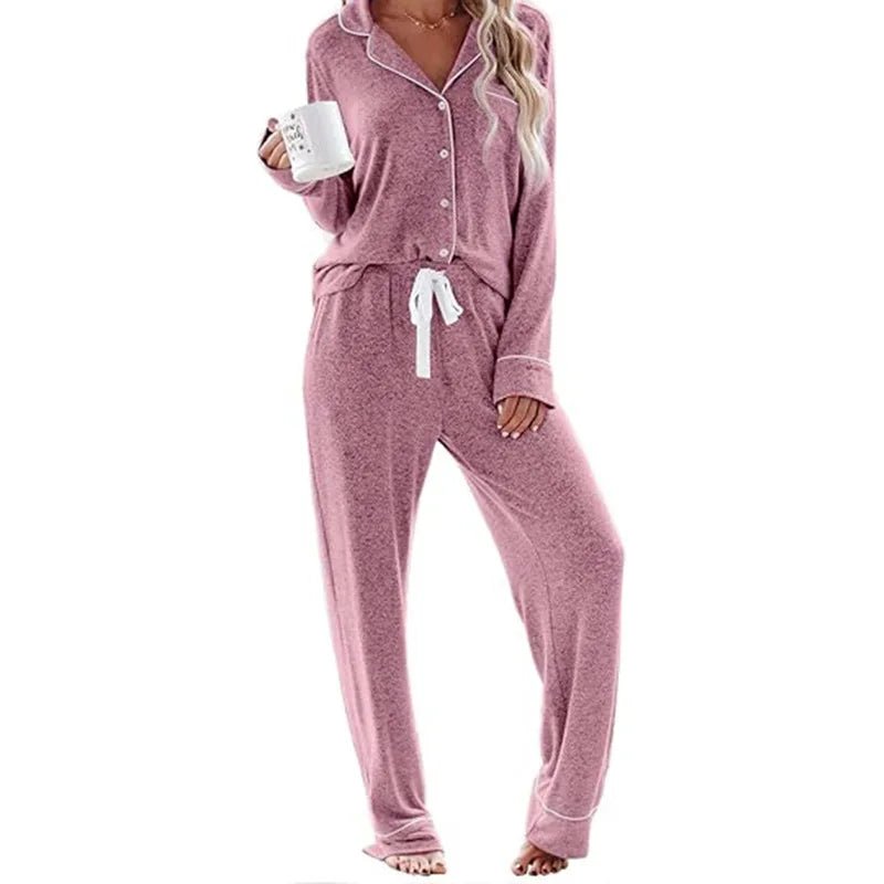Women's Solid High - rise Breathable Casual Suit Home Clothes Pocket Buckle Long Sleeve Pants Women's Pajamas - Zeprah