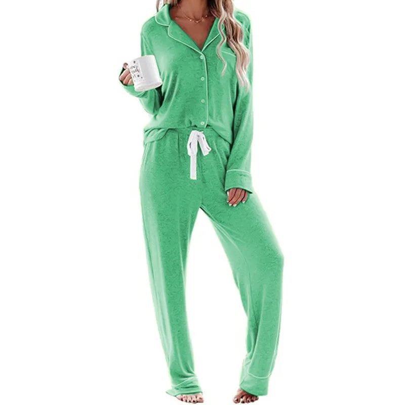 Women's Solid High - rise Breathable Casual Suit Home Clothes Pocket Buckle Long Sleeve Pants Women's Pajamas - Zeprah
