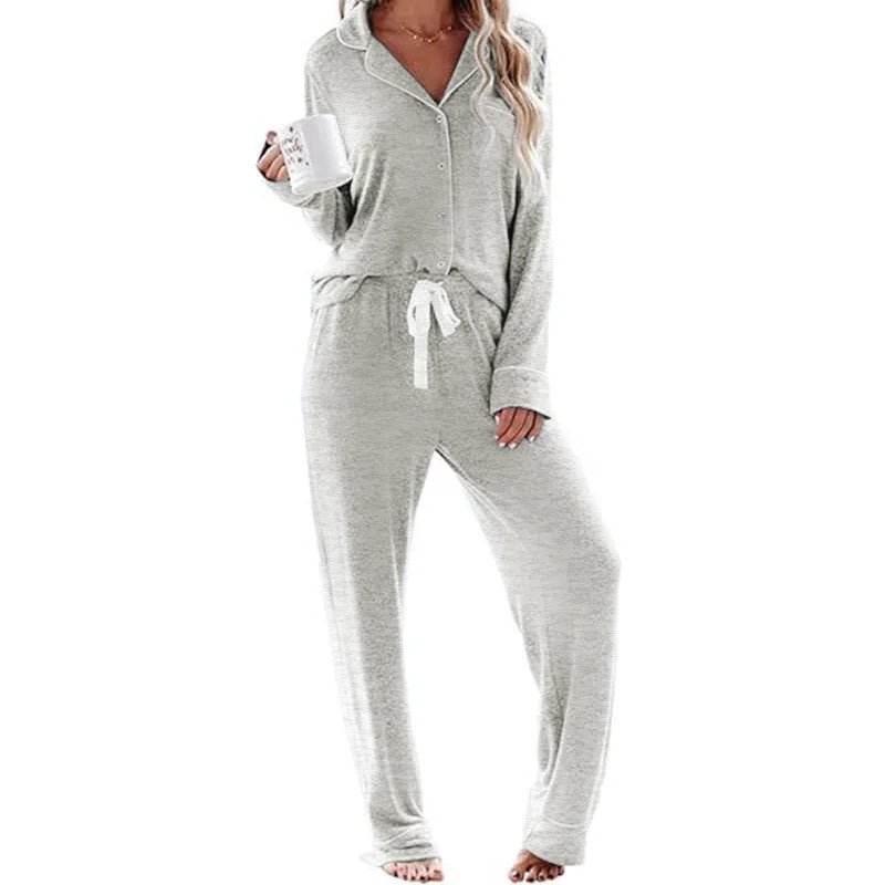 Women's Solid High - rise Breathable Casual Suit Home Clothes Pocket Buckle Long Sleeve Pants Women's Pajamas - Zeprah