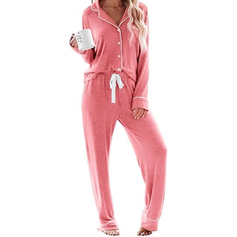 Women's Solid High - rise Breathable Casual Suit Home Clothes Pocket Buckle Long Sleeve Pants Women's Pajamas - Zeprah