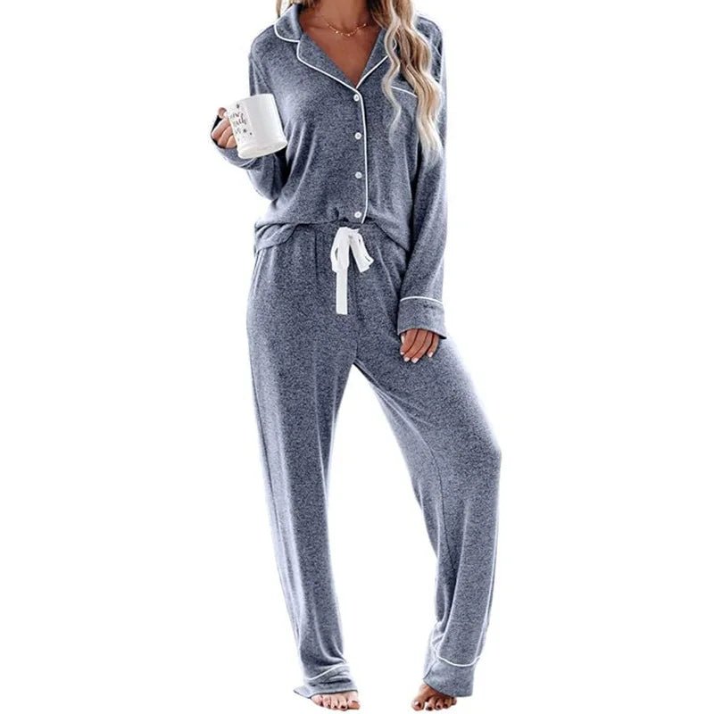 Women's Solid High - rise Breathable Casual Suit Home Clothes Pocket Buckle Long Sleeve Pants Women's Pajamas - Zeprah