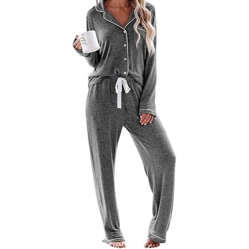 Women's Solid High - rise Breathable Casual Suit Home Clothes Pocket Buckle Long Sleeve Pants Women's Pajamas - Zeprah