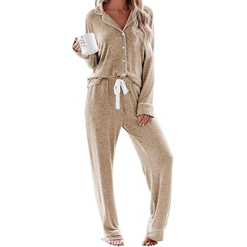 Women's Solid High - rise Breathable Casual Suit Home Clothes Pocket Buckle Long Sleeve Pants Women's Pajamas - Zeprah