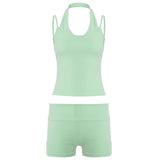 Women's Solid Knitting 2 - Piece Yoga Set Short Cropped Hoodie Bra Skinny High Waist Shorts Casual Summer Workout Outfit Washed - Zeprah