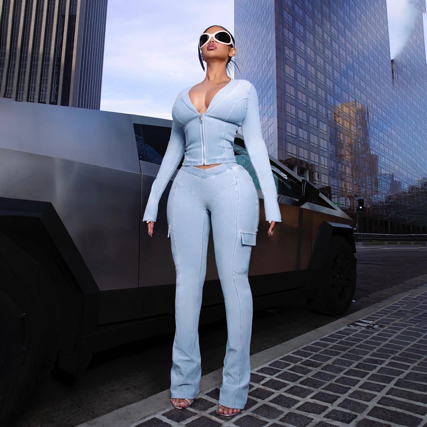 Women's Sporty Skinny Solid Sportswear Yoga Set High Elastic Gym Leggings V Neck Zipper Long Sleeve Top Knitting 2 Piece - Zeprah