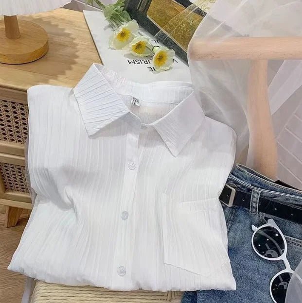 Women's Spring High - End Textured Ruched Shirt Loose Long - Sleeve Unique Design Small - Batch Outerwear Top - Zeprah