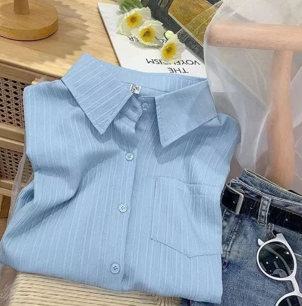 Women's Spring High - End Textured Ruched Shirt Loose Long - Sleeve Unique Design Small - Batch Outerwear Top - Zeprah