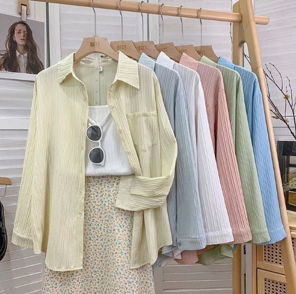 Women's Spring High - End Textured Ruched Shirt Loose Long - Sleeve Unique Design Small - Batch Outerwear Top - Zeprah