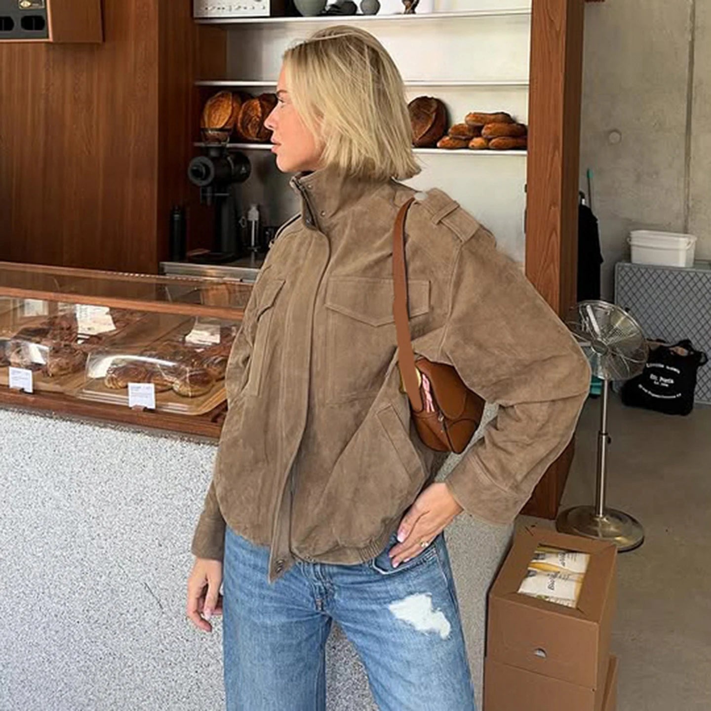 Women's Stand Collar Broadcloth Casual Street Style Blouson Jacket Loose Fit Autumn Woven Windproof Coat with Pockets - Zeprah