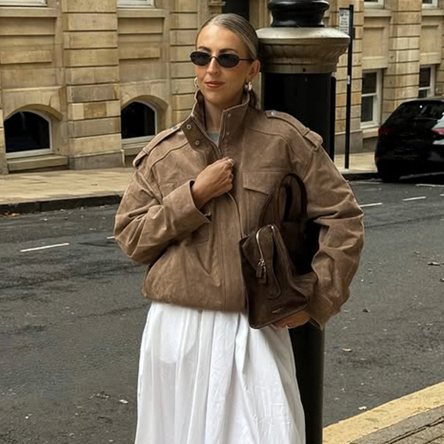 Women's Stand Collar Broadcloth Casual Street Style Blouson Jacket Loose Fit Autumn Woven Windproof Coat with Pockets - Zeprah