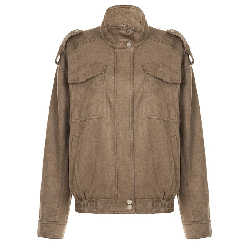 Women's Stand Collar Broadcloth Casual Street Style Blouson Jacket Loose Fit Autumn Woven Windproof Coat with Pockets - Zeprah