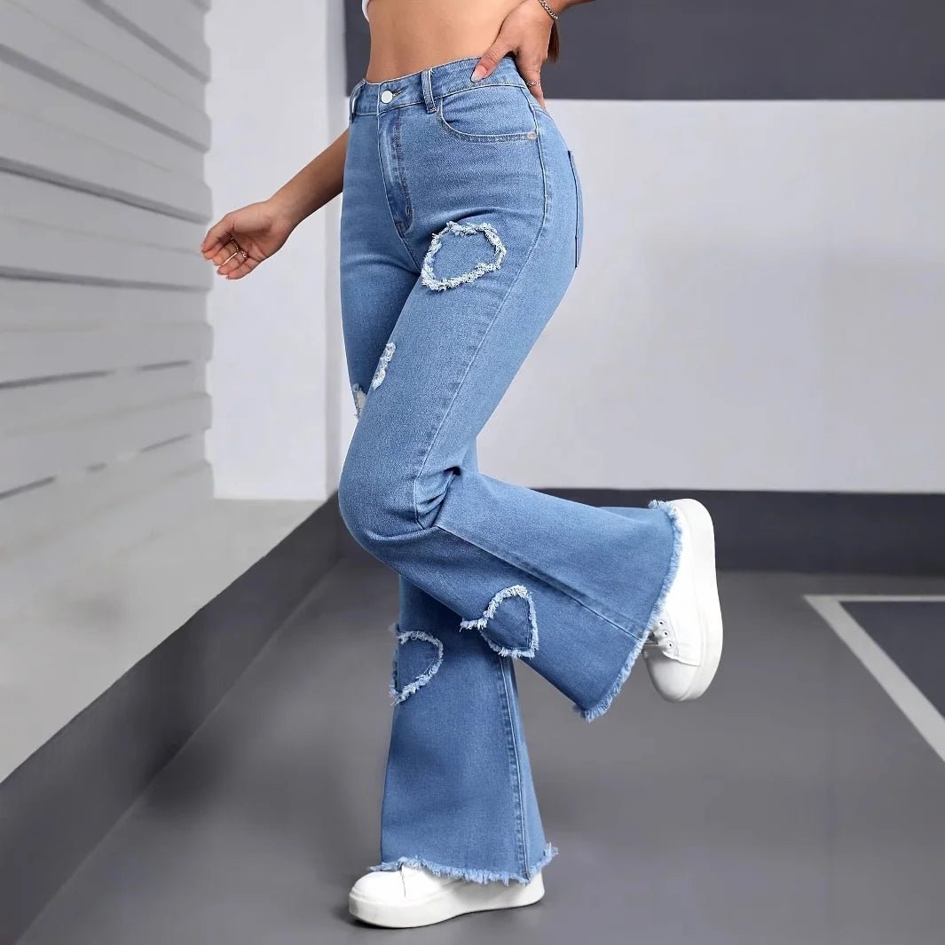 Women's Stretch Heart Pattern Ripped Flared Pants Fashion Casual Flared Jeans - Zeprah