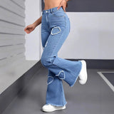 Women's Stretch Heart Pattern Ripped Flared Pants Fashion Casual Flared Jeans - Zeprah
