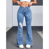 Women's Stretch Heart Pattern Ripped Flared Pants Fashion Casual Flared Jeans - Zeprah